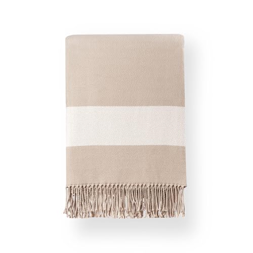 "Hofdeco Premium Coastal Decorative Throw Blanket for Patio Couch Sofa, Neutral Tan Plaid with Fringe, 51""x71"""