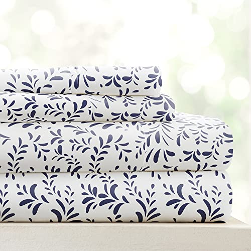 "Linen Market Easy Care Double Brushed Microfiber 16"" Deep Pocket 4 Piece Bed Sheet Set, Burst of Vines Navy, King"