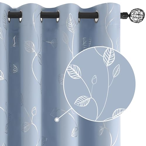 BUHUA Wave Silver Leaf Print Blackout Curtains Window Treatments for Living Room Darkening Light Blocking Curtains for Bedroom 52W??95L Baby Blue 2 Panels