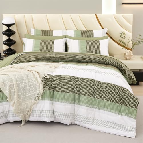 RYNGHIPY Olive Green Striped Bedding Bed Sets: 8 Pieces Soft Lightweight Bed in A Bag Queen Size Microfiber Down Alternative Comforter Sets with Corner Loops (Queen,Olive Green)
