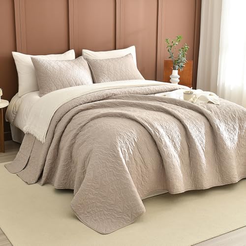 Lady Ann Oversized King Bedspread Set for 120x120 Extra Bed,Extra Large Coverlet Quilt Cal King Size Linen Feel 3 Pieces Leaves Print Summer Lightweight Quilted Balanket Thin Comforter Bed Cover