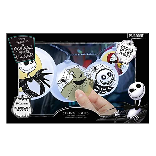Paladone Nightmare Before Christmas String Lights - Officially Licensed Disney Fairy Lights with Glow in The Dark Jack Skellington Stickers, Spooky Bedroom Decor