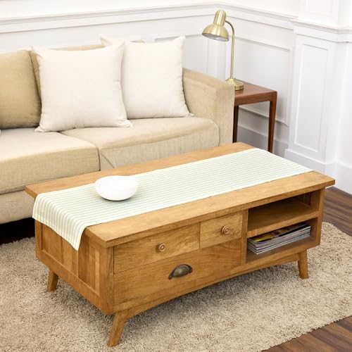 Solino Home Striped Linen Table Runner 60 Inches - Amalfi Stripe, 100% Pure Linen Sage and White Small Table Runner 14 x 60 Inch Ideal for Dresser and Coffee Tables - Fall, Thanksgiving, Christmas