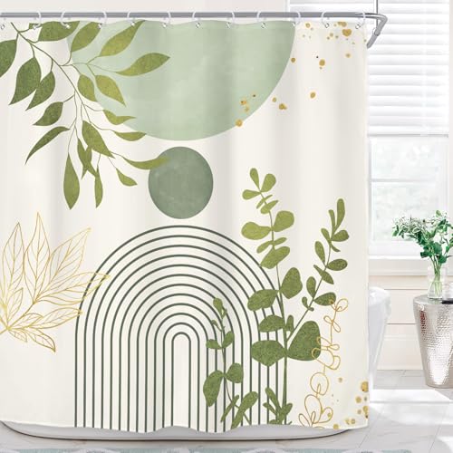"Light Green Mid Century Boho Modern Bohemian Bathroom Shower Curtain Set - 72""W x 72""H Leaves Plants waterproof HD print, quick-dry fabric with plastic hooks for easy hanging."