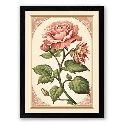 Roses in Gold Botanical Framed Wall Art Print A3 (42×29.7cm) Black, Wall Decor for Living Room, Bedroom, Office & Home, Ready to Hang, Art Gift