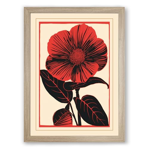 Single Stem in Red Art Deco Framed Wall Art Print A3 (42×29.7cm) Oak, Wall Decor for Living Room, Bedroom, Office & Home, Ready to Hang, Art Gift