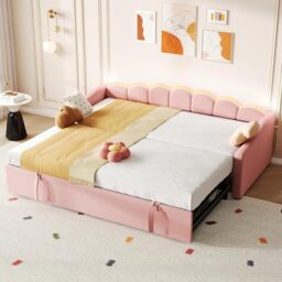 Ball & Cast Upholstered Daybed 3ft-90x190cm, Sofa Bed with Charging Station, Velvet Single Bed with USB and Type - C Ports, Pull Out Trundle Bed for Living Room/Bedroom, Pink (No Mattress)