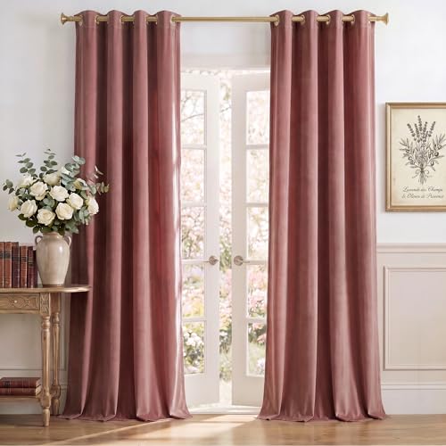 StangH Dusty Rose Velvet Thermal Curtains for Nursery, W52 x L120, 2 Pcs - Room Darkening, Grommet Decoration, Thermal Window Drapes, Privacy & UV Protection for Bedroom, Nursery, Girls Room