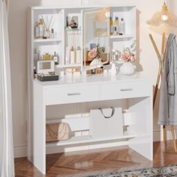 JUMMICO Dressing Table with LED Mirror,Vanity Desk with 2 Large Drawers,Adjustable Brightness,Makeup Table with Open Shelves,Bedroom Furniture (Modern White)