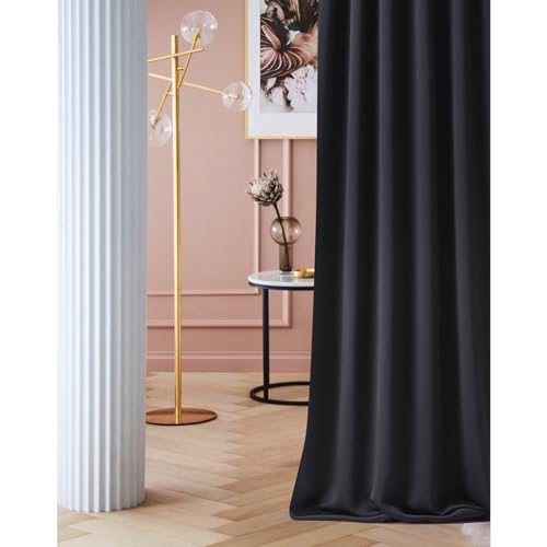 ROOM99 Laurel Curtain with Ruffle Tape, 140 x 250 cm, Width x Height Blackout Opaque Sliding Curtains, Living Room, Bedroom, for Rail System, Black, Pack of 1