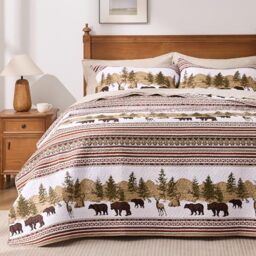PPOLCA Christmas Cabin Quilt Sets Queen, 3-Piece Bear Rustic Quilt Coverlet Bed Set, All Season Lightweight Reversible Bedspread Coverlet with 2 Pillow Shams