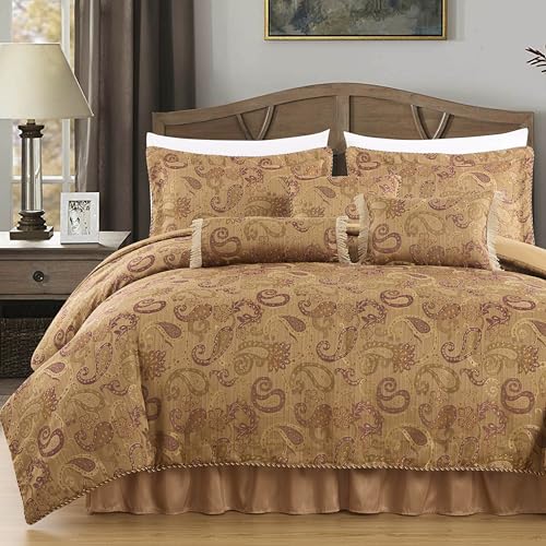 Chezmoi Collection Adelle 7-Piece Paisley Jacquard Embroidered Comforter Bedding Set, Queen Size