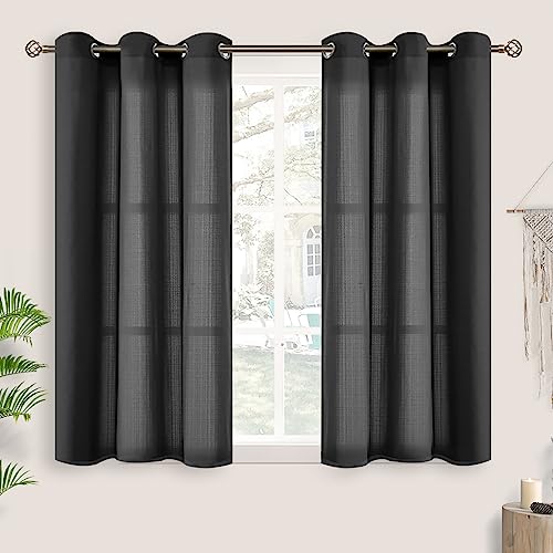 BGment Halloween Black Linen Sheer Curtains for Bedroom, Grommet Light Filtering Casual Textured Privacy Curtains for Living Room, 2 Panels (Each 42 x 45 Inch, Black)