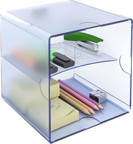 m-office Kali Modular Stackable Organizer Made of Transparent Polystyrene with 2 Compartments Separated by a Divider (Transparent Blue)