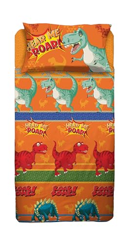 hermet Dinosaurs, Single Bed Sheet Set, Single Bedroom, Complete Bed Sheet, Fitted Sheet, Pillowcase, 100% Cotton, Orange