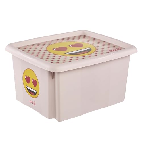 keeeper karolina storage box with lid, 30 l, stackable and nestable, design: Emoji Hearts, for children, pink (Nordic Pink)