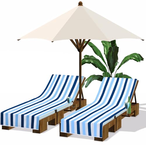 Fumete 2 Pack Lounge Chair Covers 30 x 85 Inch Pool Chaise Lounge Towels Microfiber Beach Chair Towel Portable Striped Outdoor Patio Furniture Cover for Sunbathing Picnic Spa(Blue and Dark Blue)