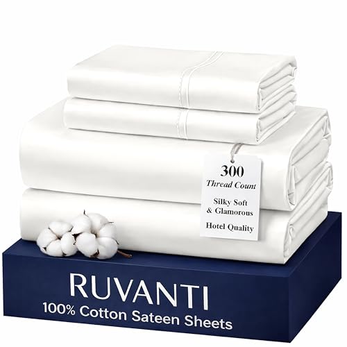 "Ruvanti 100% Cotton Sateen Sheets Queen Size, Ivory - Queen Sheets 300 Thread Count 4 Piece Set, 16"" Deep Pocket, Cooling Bed Sheets for Hot Sleepers, Breathable & Durable"