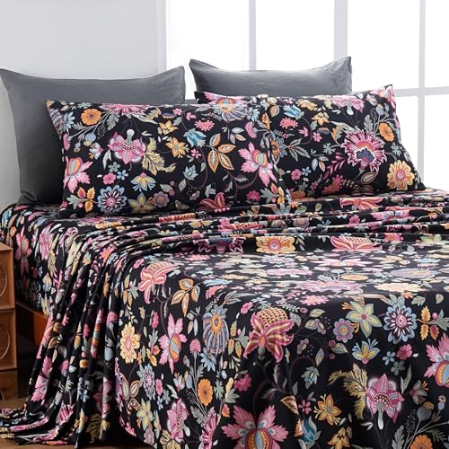 MEISHANG California King Sheet Set - Ultra Soft Floral Sheets Brushed Microfiber,1800 Thread Count Floral Bed Sheets Oeko-Tex Certificated - Black Yellow