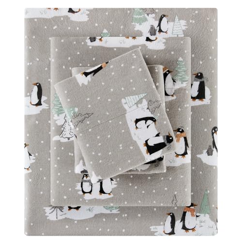 SLEEP PHILOSOPHY True North Cozy Flannel 100% Cotton Ultra Soft Cold Weather Sheet Set Bedding, King, Grey Penguins
