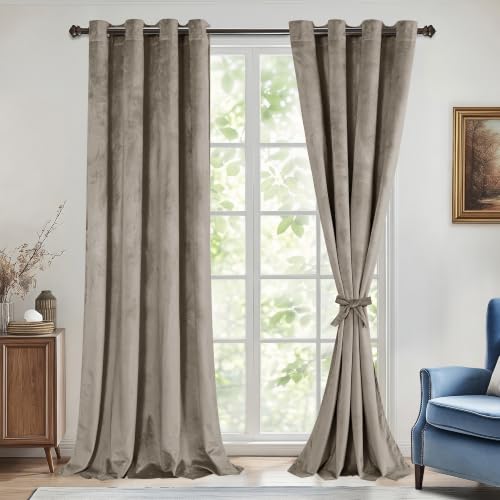DWCN Taupe Velvet Curtains - Elegant Super Soft Bundleable Room Darkening Thermal Insulated Window Curtains Grommet Design Neutral Style Window Dressing for Bedroom/Living Room, W52 x L90, 2 Panels