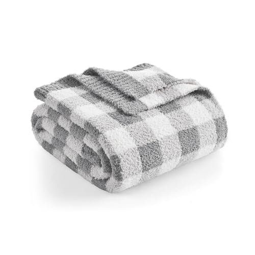 Snuggle Sac Buffalo Plaid Bedding Blanket Twin Size, Super Soft, Cozy Warm Knit Decorative Blankets, Reversible Plaid Fluffy Throws for Bed, Plaid Grey, 60x80 Inches
