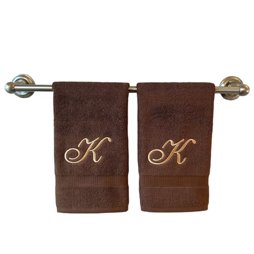 Brown Monogrammed Hand Towels for Bathroom - Luxury Hotel Quality Personalized Initial Embroidered Towel for Powder Room, Spa - GOTS Organic Certified - Set of 2 Beige Letter K