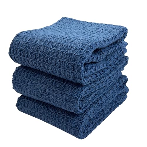 "Waffle Blue Kitchen Dish Towels 100% Cotton Cloth Soft Cleaning Drying Absorbent Terry Box Loop: Set of 3 Multipurpose for Everyday Use, 18"" x 28"" (Blue Box)"