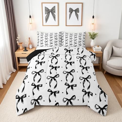 Erosebridal Cute Black Bow Twin Bedding Set for Girls,Ribbon Bow Knot Comforter Set for Kids Kawaii Room Decor,Princess Bowknot Bed Set Girly Black Bows Bedding Comforter Sets,1 Pillowcase