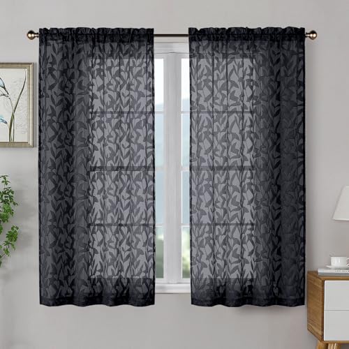 OWENIE Leyna Black Sheer Curtains 54 Inch Length 2 Panels Set, Soft Airy Clip Jacquard Light Filtering Curtains for Bedroom Living Room, Elegant Leaf Textured Window Drapes, 40Wx54L Inches