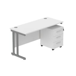 Office Hippo Heavy Duty Contract Grade Office Desk Workstation and Lockable 3-Drawer Pedestal Set, 120kg Weight Tolerance, 5-Year Warranty, FSC Certified, Arctic White, Graphite Legs, 1400 x 600mm