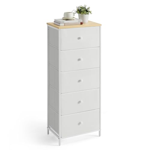 SONGMICS Chest of Drawers Bedroom, Drawer Storage Unit, Dresser with 5 Fabric Drawers, Metal Frame, Tall and Slim, for Closet, Camel Yellow and Cream White LTS315W01