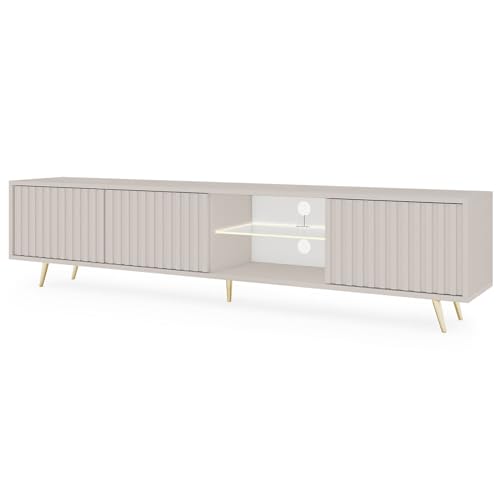 "SELSEY Bello Wooden TV Cabinet 175 x 43 x 31 cm, Modern Cashmere TV Stand for Living Room - Fits TVs Up to 70"" - 3 Spacious Cabinets - Open Shelves - Gold Steel Legs - Durable Scratch-Resistant"