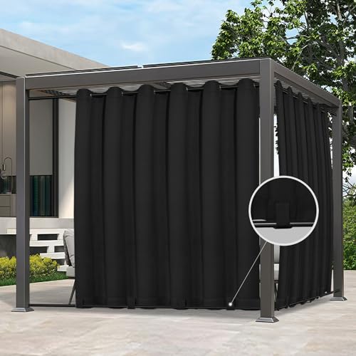 Easy-Going Outdoor Curtains Waterproof Windproof Weatherproof Curtain for Patio, Cabana, Porch, Pergola and Gazebo, Grommet Top and Tab Bottom Drape, 1 Panel, 110x108 inch, Black