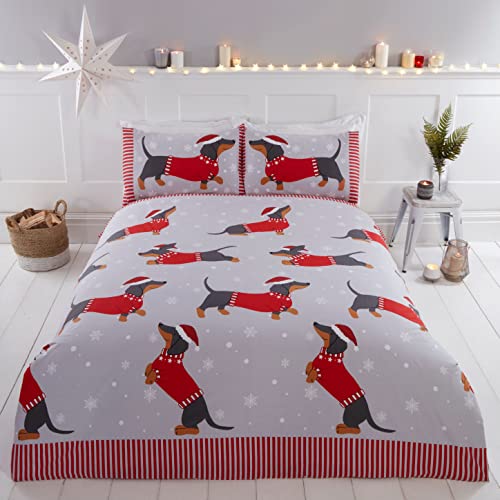 Rapport Home Dachshund Through The Snow Double Duvet Cover Christmas Bed Set - Festive 3 Piece Cozy Xmas Quilt Cover with 2 Pillowcases - Red