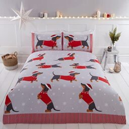 Rapport Home Dachshund Through The Snow Double Duvet Cover Christmas Bed Set - Festive 3 Piece Cozy Xmas Quilt Cover with 2 Pillowcases - Red