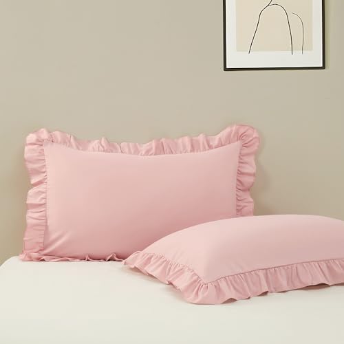 Pillow Cases Standard Size Set of 2, 20x26 Envelope Closure Pillowcase Pink Ruffle Pillow Cases, Soft Breathable and Non Shrinking Microfiber Ruffled Pillow Shams Scalloped Pillow Cases