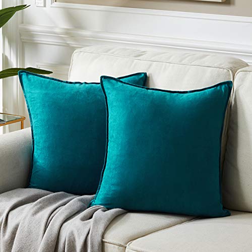 "Fancy Homi 2 Packs Premium Faux Suede Decorative Throw Pillow Covers, Super Soft Square Pillow Case,Solid Cushion Cover for Couch/Sofa/Bedroom (18"" x 18"", Set of 2, Teal)"