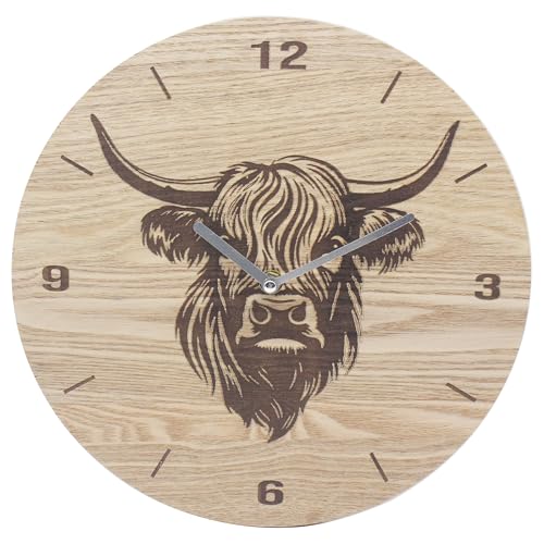 Lesser & Payvey Highland Cow Wooden Wall Clock Decorative Wall Clock for Home Living Room Bedroom Office Silent Display Clock Farm Animal Design Gift
