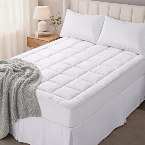 OLANLY Queen Quilted Fitted Mattress Pad, Elastic Fitted Mattress Topper, Cooling Soft Mattress Cover Stretches up to 21 Inches Deep, Machine Washable Mattress Protector (60x80 inch, White)