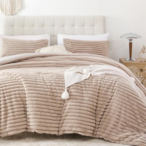 Smoofy Fluffy Queen Size Comforter Set 3 Pieces - Linen Fleece Fluffy Comforter Set, Luxury Fuzzy Queen Bedding Set, Soft Warm Queen Bed Set All Season, Heavy Faux Fur Comforter with 2 Pillow Cases