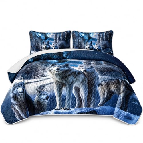 AILONEN Wolf Printed Quilt- Coverlet Set for Boys- King Size Quilt Bedding Set Starry Snow Wolves Themed - 3Pcs Safari Wolf Quilted Bedspread for Kids Teens with 2 Pillowcases