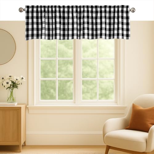 Softopia Cotton Black and White Valance Curtains, 2 Pack, 54x18 Inches, 100% Cotton Window Valances with Rod Pocket, Rustic Farmhouse Short Curtain for Kitchen, Bedroom, Bathroom and Living Room