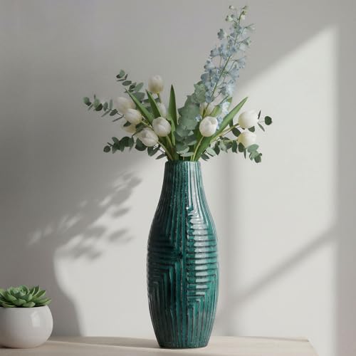 "hjn Ceramic Vase - Teal Home Decor Vase, Modern Decor for Centerpieces, Living Room/Bookshelf/Mantel - Teal Texture, Medium, 13.8"" H"