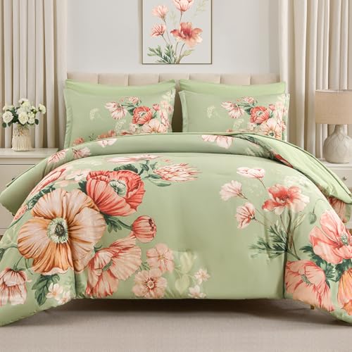 "LLDSYW Queen Comforter Set - 7 Pieces Bed in a Bag Green Floral Queen Comforter Set with Sheets, Soft Microfiber Flower Complete Bedding Set for All Seasons???Green,90""x90""???"
