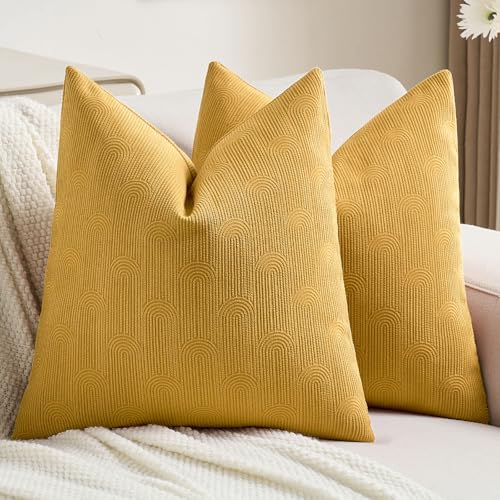 FUTEI Mustard Yellow Chenille Decorative Throw Pillow Covers 18x18 Inch Set of 2,Soft Cozy Striped Geometric Patterns Cushion Cases,Modern Home Decor for Couch Bed Living Room