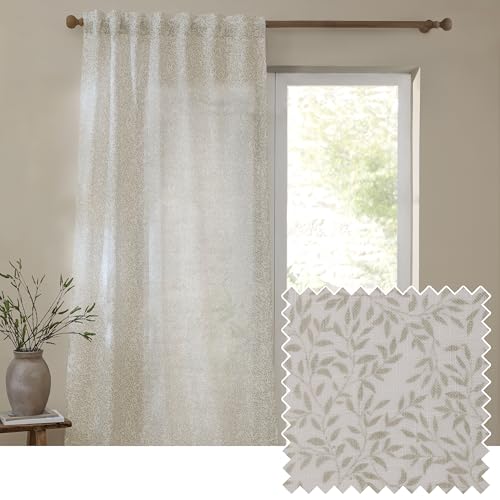 Yard furn Perrie Leaf Sheer Curtain Panel – Lightweight Woven Tab Top Leaf Print Curtain (Natural – 290x250cm)