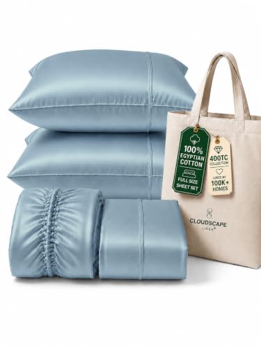 "Cloud Scape Linen 100% Egyptian Cotton Full Size Sheet Set, 400 Thread Count, Soft, Durable & Breathable Cotton Bedsheet Set, Up to 16"" Deep Pocket,French Blue"