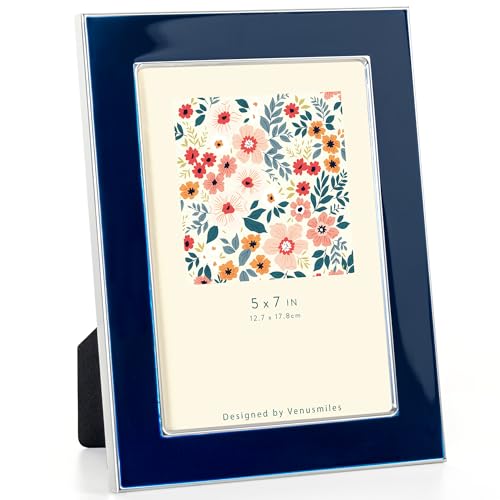 Venusmiles 5x7 Enamel Picture Frame, Silver Metal Edge with Easel, Real Glass Photo Frame for Wall and Tabletop Display Family Office Photo Gallery, Blue Enamel/1pc