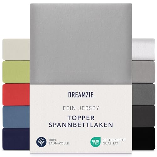Dreamzie Premium Topper Fitted Sheet 90 x 200 cm - 100 x 200 cm - Extra Low Side Height - for Topper - Fitted Sheet Jersey Cotton, 150 g/m² - Oeko-Tex - Grey